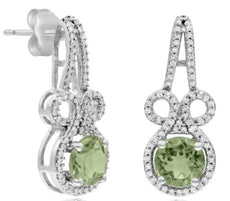 LARGE 1.99CT DIAMOND & AAA GREEN AMETHYST 14KT WHITE GOLD ROUND HANGING EARRINGS