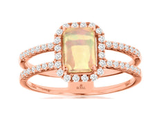 1CT DIAMOND & AAA OPAL 14KT ROSE GOLD 3D EMERALD CUT DOUBLE BAND ENGAGEMENT RING