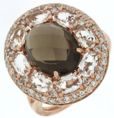 6.3CT DIAMOND & AAA WHITE & SMOKEY TOPAZ 14KT ROSE GOLD OVAL & ROUND FLOWER RING