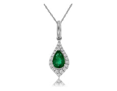 .48CT DIAMOND & AAA EMERALD 14KT WHITE GOLD 3D ROUND & PEAR SHAPE HALO PENDANT