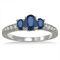 .53CT DIAMOND & AAA SAPPHIRE 14KT WHITE GOLD OVAL & ROUND 3 STONE FILIGREE RING