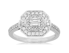.52CT DIAMOND 14KT WHITE GOLD 3D ROUND & BAGUETTE DOUBLE HALO OCTAGON LOVE RING