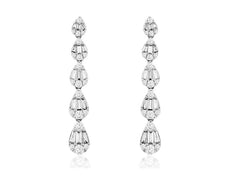 1.12CT DIAMOND 14KT WHITE GOLD ROUND & BAGUETTE MULTI TEAR DROP HANGING EARRINGS