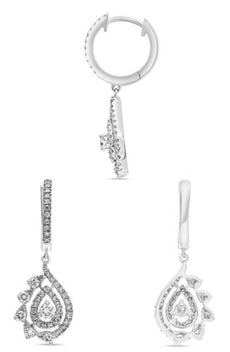 ESTATE .75CT DIAMOND 14KT WHITE GOLD DOUBLE TEAR DROP JOURNEY HANGING EARRINGS