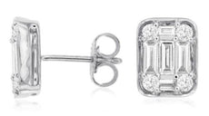 ESTATE .32CT DIAMOND 14KT WHITE GOLD 3D ROUND & BAGUETTE SQUARE STUD EARRINGS