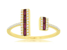 .36CT DIAMOND & AAA RUBY 14K YELLOW GOLD 3D ROUND & BAGUETTE DOUBLE BAR FUN RING