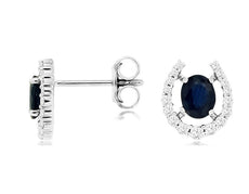 1.05CT DIAMOND & AAA SAPPHIRE 14K WHITE GOLD 3D OVAL & ROUND LUCKY STUD EARRINGS