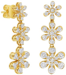 3.24CT DIAMOND 14KT YELLOW GOLD CLASSIC 3 FLOWER GRADUATING FUN HANGING EARRINGS