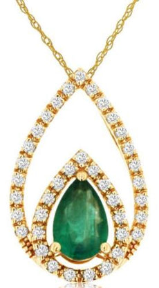 .53CT DIAMOND & AAA EMERALD 14KT YELLOW GOLD PEAR SHAPE & ROUND FLOATING PENDANT