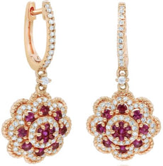 1.0CT DIAMOND & AAA RUBY 14KT ROSE GOLD FLOWER FILIGREE HUGGIE HANGING EARRINGS