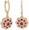 1.0CT DIAMOND & AAA RUBY 14KT ROSE GOLD FLOWER FILIGREE HUGGIE HANGING EARRINGS