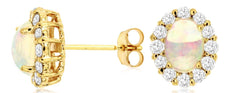 1.60CT DIAMOND & AAA OPAL 14KT YELLOW GOLD 3D OVAL & ROUND FLOWER STUD EARRINGS