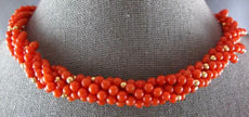 ANTIQUE LONG .10CT AAA CORAL & RUBY 14K YELLOW GOLD MULTI STRAND NECKLACE #27206
