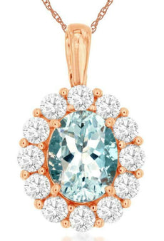 1.85CT DIAMOND & AAA AQUAMARINE 14KT ROSE GOLD 3D OVAL & ROUND FLOATING PENDANT