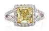 LARGE 2.95 WHITE & FANCY YELLOW DIAMOND 18KT 2 TONE GOLD CUSHION ENGAGEMENT RING