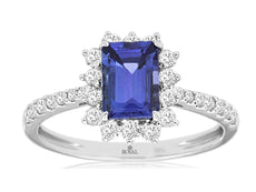 1.63CT DIAMOND & AAA TANZANITE 14K WHITE GOLD EMERALD CUT FLOWER ENGAGEMENT RING