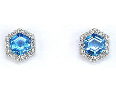 ESTATE 1.35CT DIAMOND & AAA BLUE TOPAZ 14K WHITE GOLD HEXAGON HALO STUD EARRINGS