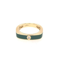 ESTATE .03CT DIAMOND & GREEN ENAMEL 18KT YELLOW GOLD SQUARE SOLITAIRE FUN RING