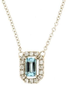 .34CT DIAMOND & AAA AQUAMARINE 14KT WHITE GOLD EMERALD CUT & ROUND HALO NECKLACE