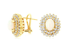 2.14CT DIAMOND & AAA OPAL 14KT YELLOW GOLD 3D OVAL DOUBLE HALO CLIP ON EARRINGS