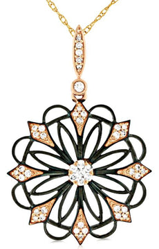 .24CT DIAMOND 14KT ROSE & BLACK GOLD 3D OPEN FILIGREE FLOWER FLOATING PENDANT