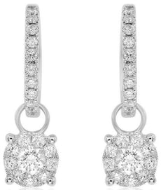 ESTATE .93CT DIAMOND 14KT WHITE GOLD CLASSIC FLOWER HUGGIE FUN HANGING EARRINGS
