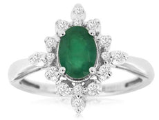 1.0CT DIAMOND & AAA EMERALD 14KT WHITE GOLD 3D OVAL & ROUND FRIENDSHIP LOVE RING
