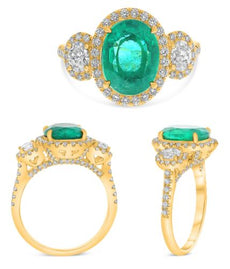 3.27CT DIAMOND & AAA EMERALD 18KT YELLOW GOLD OVAL & ROUND HALO ENGAGEMENT RING