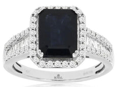 2.85CT DIAMOND & AAA SAPPHIRE 14K WHITE GOLD EMERALD CUT & ROUND ENGAGEMENT RING