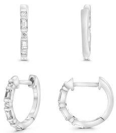 .17CT DIAMOND 14K WHITE GOLD 3D ROUND & BAGUETTE CHANNEL HUGGIE HANGING EARRINGS