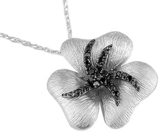 ESTATE .15CT BLACK DIAMOND 14KT WHITE GOLD MATTE & SHINY FLOWER FLOATING PENDANT