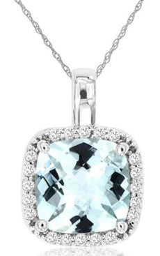 1.98CT DIAMOND & AAA AQUAMARINE 14KT WHITE GOLD CUSHION SQUARE FLOATING PENDANT