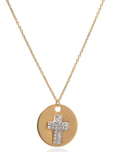 ESTATE .09CT DIAMOND 18KT 2 TONE GOLD 3D CLASSIC CIRCULAR CROSS FLOATING PENDANT