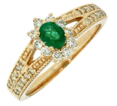 .80CT DIAMOND & AAA EMERALD 14KT YELLOW GOLD OVAL & ROUND FLOWER FILIGREE RING