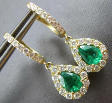 1.95CT DIAMOND & AAA COLUMBIAN EMERALD 14KT YELLOW GOLD 3D HALO HANGING EARRINGS