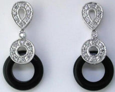 ESTATE .15CT DIAMOND & AAA ONYX 14KT WHITE GOLD ROUND TEAR DROP HANGING EARRINGS