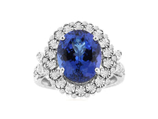 6.25CT DIAMOND & AAA TANZANITE 14KT WHITE GOLD OVAL & ROUND HALO ENGAGEMENT RING