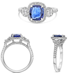 2.56CT DIAMOND & AAA SAPPHIRE PLATINUM CUSHION & ROUND 3 STONE ENGAGEMENT RING