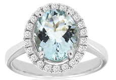 2.25CT DIAMOND & AAA AQUAMARINE 14K WHITE GOLD OVAL & ROUND HALO ENGAGEMENT RING