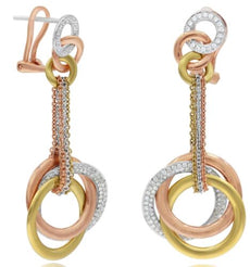 .90CT DIAMOND 18KT TRI COLOR GOLD 3D THRINITY LOVE KNOT CLIP ON HANGING EARRINGS