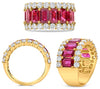 WIDE 6.0CT DIAMOND & AAA RUBY 18KT YELLOW GOLD 3D EMERALD CUT & ROUND 3 ROW RING