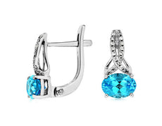 1.98CT DIAMOND & AAA BLUE TOPAZ 14KT WHITE GOLD 3D OVAL & ROUND HANGING EARRINGS
