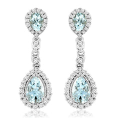 1.32CT DIAMOND & AAA AQUAMARINE 14KT WHITE GOLD PEAR SHAPE HALO HANGING EARRINGS