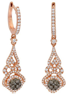 1.0CT WHITE & CHOCOLATE FANCY DIAMOND 14KT ROSE GOLD 3D FLOWER HANGING EARRINGS