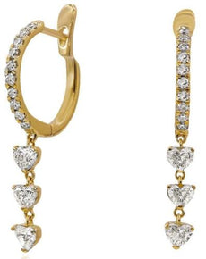 .95CT DIAMOND 18KT YELLOW GOLD 3D ROUND & HEART SHAPE 3 STONE LEVERBACK EARRINGS