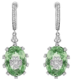 LARGE 11.08CT DIAMOND & AAA GREEN AMETHYST 14KT WHITE GOLD OVAL FLOWER EARRINGS