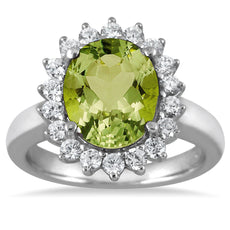 4.72CT DIAMOND & AAA PERIDOT 14KT WHITE GOLD OVAL & ROUND ENGAGEMENT FLOWER RING