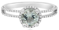 1.03CT DIAMOND & AAA GREEN AMETHYST 14KT WHITE GOLD ROUND HALO FLORAL LOVE RING