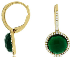 .24CT DIAMOND & AAA GREEN AGATE 14KT YELLOW GOLD HALO LEVERBACK HANGING EARRINGS