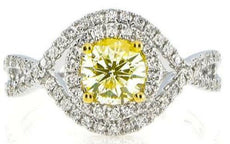 1.32CT WHITE & FANCY YELLOW DIAMOND 18KT 2 TONE GOLD DOUBLE HALO ENGAGEMENT RING